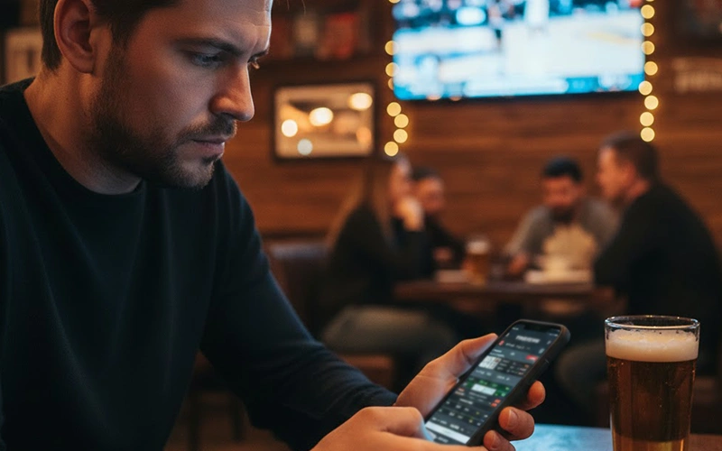 Focused sports fan analyzing game on smartphone