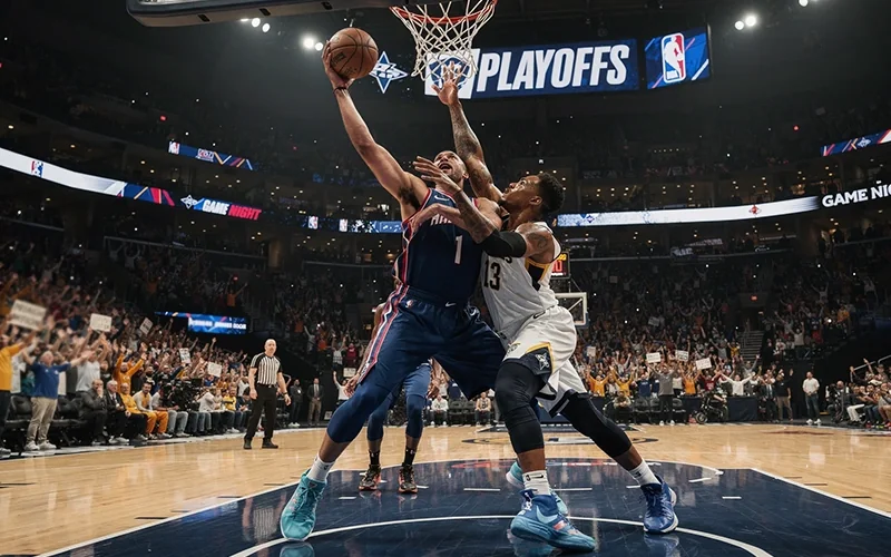 Professional basketball playoff game atmosphere in arena