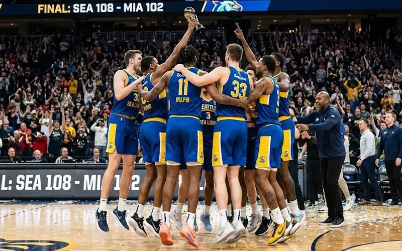 Basketball team celebrating victory on court