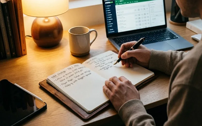 Person planning sports bets with notebook and pen