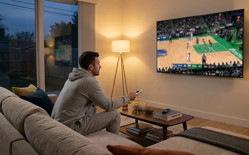 Person watching basketball game on television screen