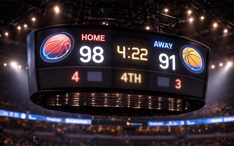 Basketball scoreboard showing game score and time