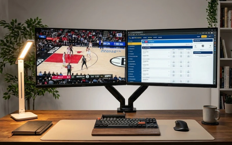 Dual monitor setup showing game and betting platform