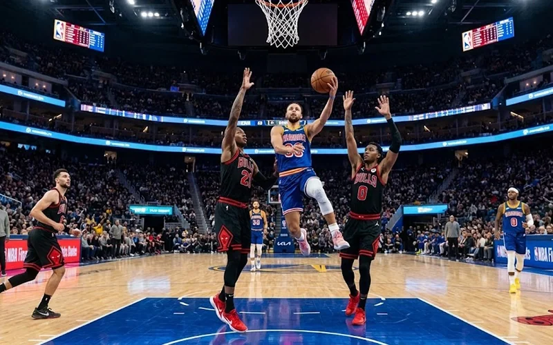 Basketball players competing during fast-paced game action
