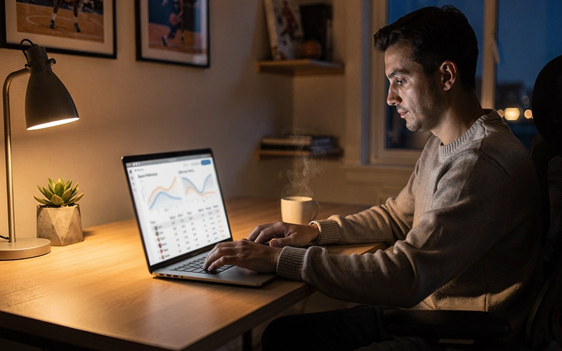 Person analyzing basketball statistics on laptop computer