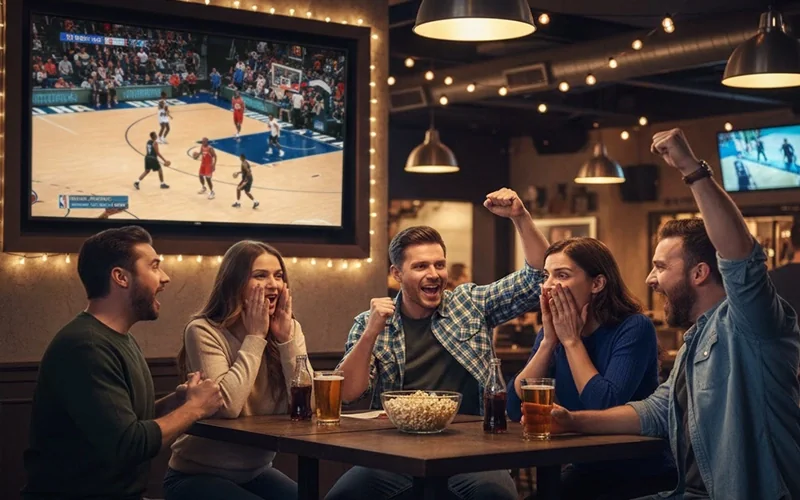 Basketball fans watching an NBA game on television