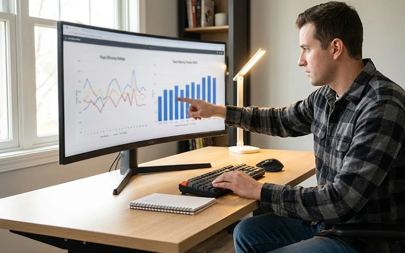Person reviewing sports data charts on computer monitor