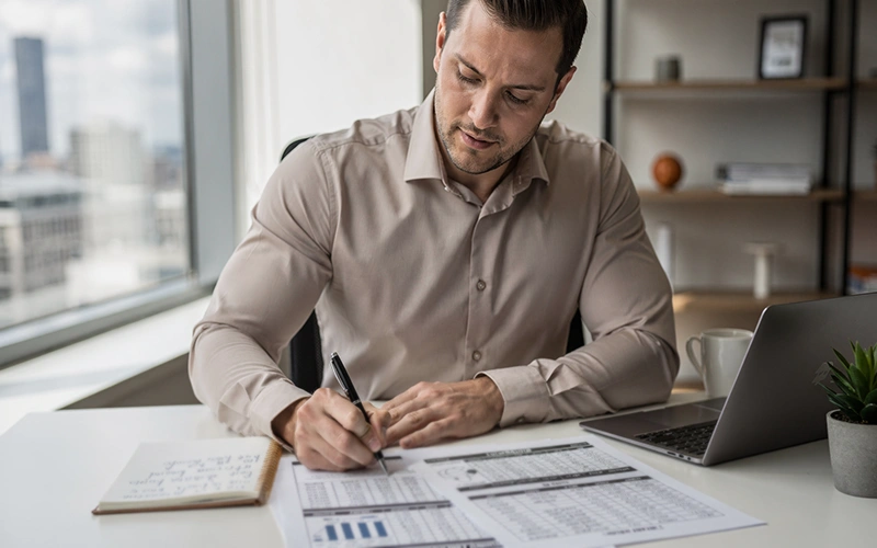 Sports analyst reviewing betting data on documents