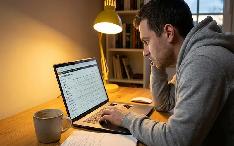 Person studying basketball data on laptop screen