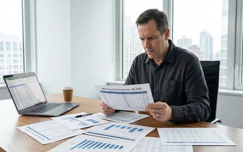 Sports analyst reviewing player statistics on documents