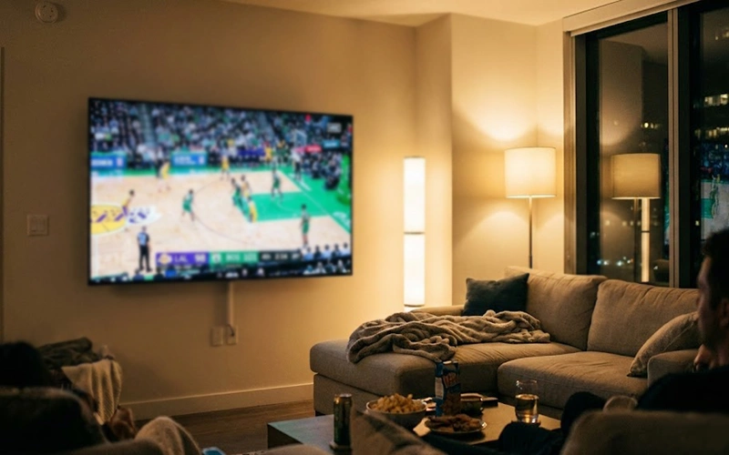 Television screen showing live basketball broadcast